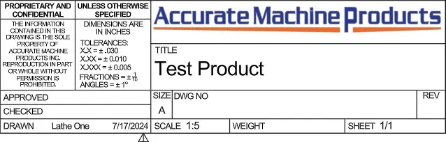 Drawing title block with company name, project title, tolerances, scale, and other information