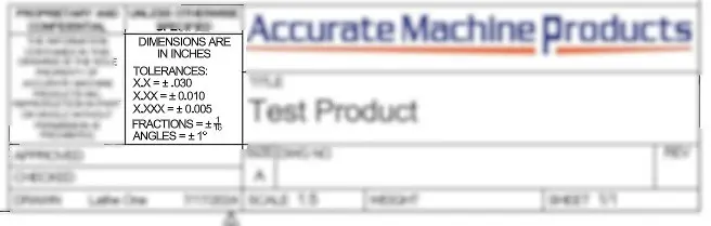 Blurred title block highlighting tolerance chart