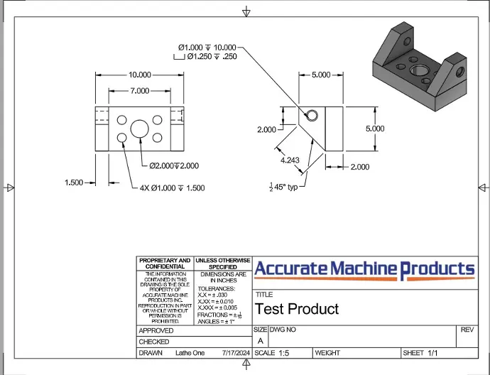 Manufacture drawing with isometric, top, and side views of product. Also a title block